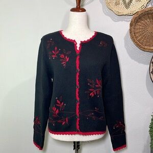 Hand Crochet Embroidered Beaded Cardigan Sweater Button Up Black & Red Small